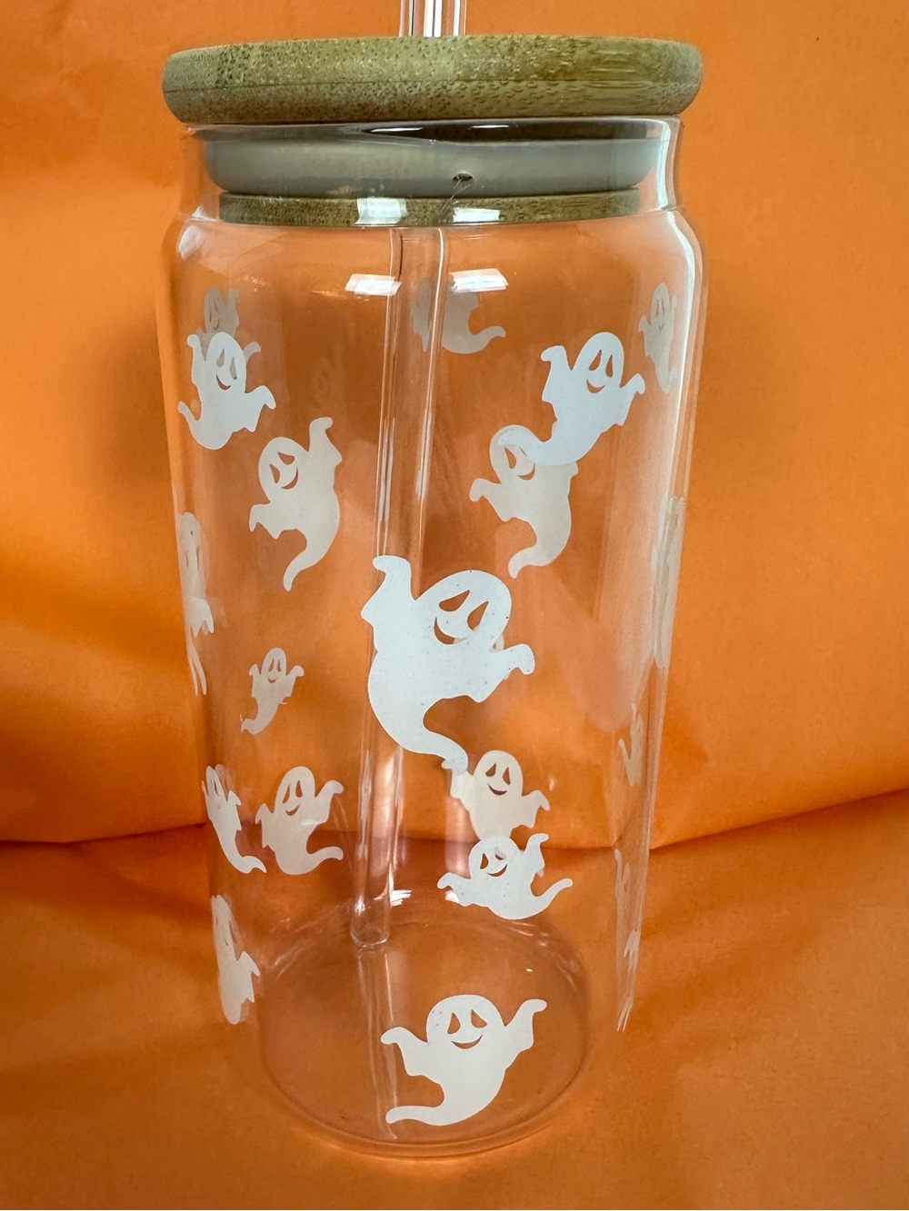 NIB Set of 4 Glass Ghost Tumblers with Bamboo Lids and Straws